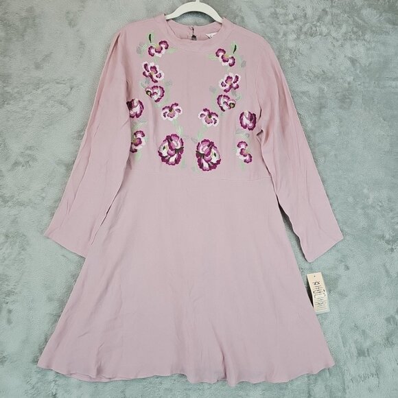 Nanette Lepore Demure Pink Mini Dress Womens Size 14 Embroidered Crepe Mock Neck - Picture 2 of 10